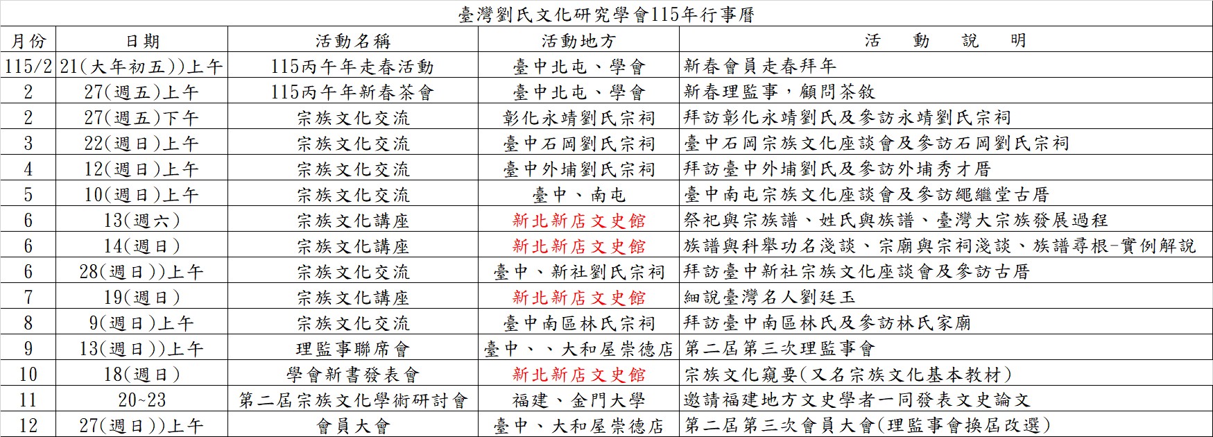 臺灣劉氏文化研究學會115年行事曆